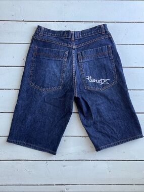 Men's Dark Blue Denim Shorts with Back-Pocket Script